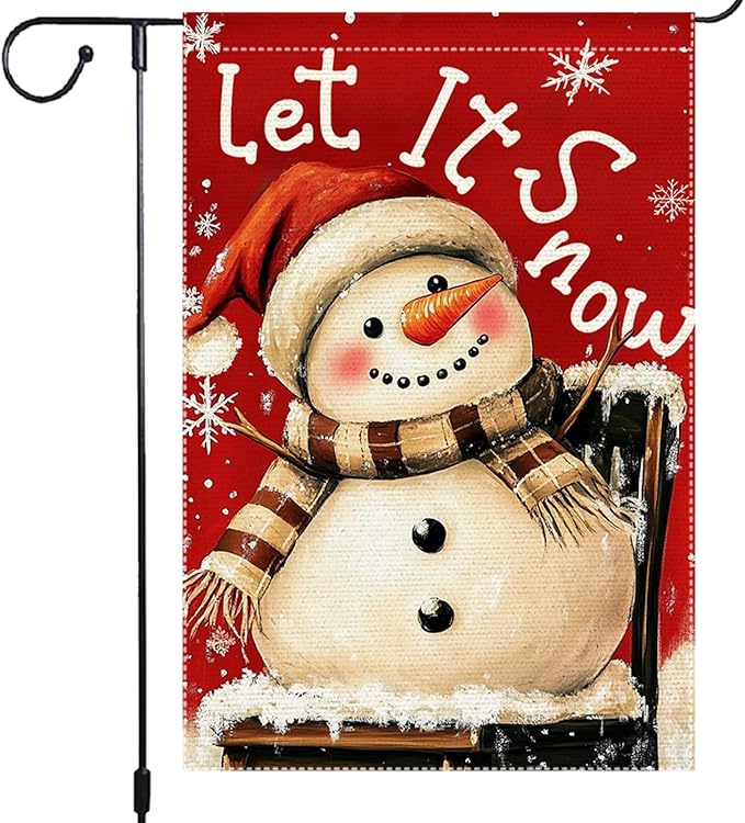 Christmas Snowman Garden Flag 12x18 Inch Double Sided Burlap Holiday Yard Decoration Santa Hat and Scarf Snowflake Design Outdoor Welcome Banner