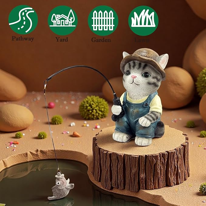 GARDEN WHISPER Cat Statue Outdoor Koi Pond Garden Decoration, Grey Cat Decor for Yard 7.1'' Fishing Tabby Statue Outdoor Garden Decor, Fishing Guy for Waterfalls or Koi Pond Additioanl, Gifts for Mom