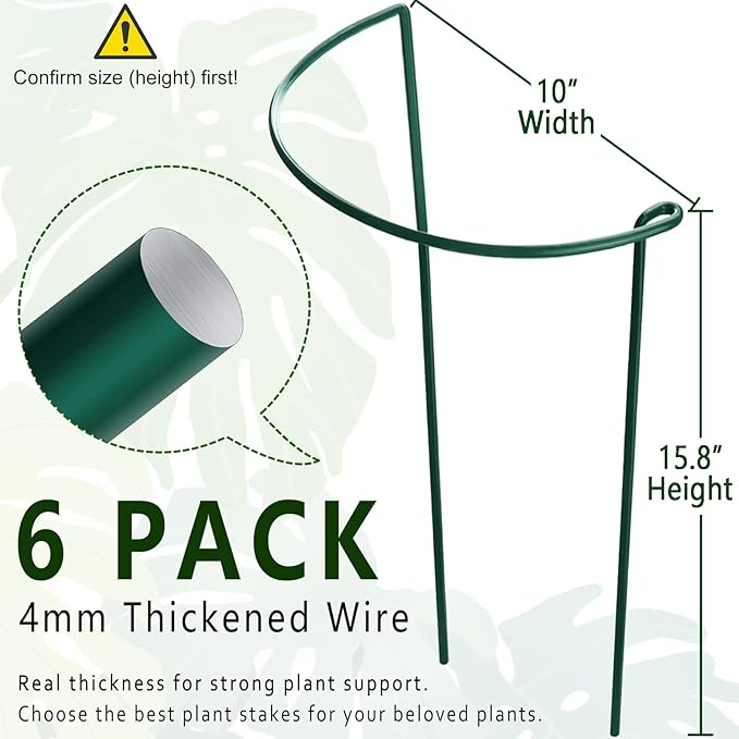 Soupiar 6 Pack Plant Support Stakes, Metal Monstera Plant Support Stakes for Indoor Plants, Large Garden Plant Support Ring, Tomato Cage, Tall Plant Holder Sticks (10" W X 15.8" H)