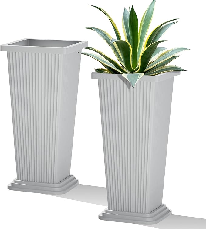 TUYOHW 24 Inch Tall Tapered Square Planters (Set of 2) - Indoor Outdoor Large Flower Pots with Built-in Drainage & Matching Water Tray for Patio, Garden, Home - White