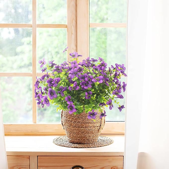 Grunyia 10 Bundles Artificial Flowers Outdoor UV Resistant Fake Flowers No Fade Faux Plants Garden Porch Window Box Decorating (Purple)
