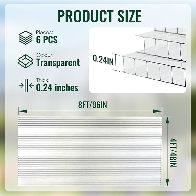 6 Pcs Polycarbonate Greenhouse Panels, 8'FT x 4'FT x 0.24" in Twin-Wall Polycarbonate Sheet, All-Season UV Protected Plastic Roof Sheeting for Greenhouse Covering/Outdoor Garden