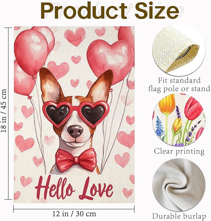 Valentine's Day Basenji Hello Love Garden Flag, House Yard Plaid Love Heart Outside Decoration, Spring Holiday Wedding Anniversary Outdoor Small Decor 12x18(12615)