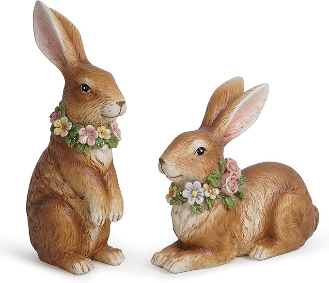 Hodao Spring Garden Patio Bunny Figurine Set (2pcs) The Perfect Accent for a Wonderful Garden-Easter Bunny Figurine Decor Indoor Home Decorations (Brown)