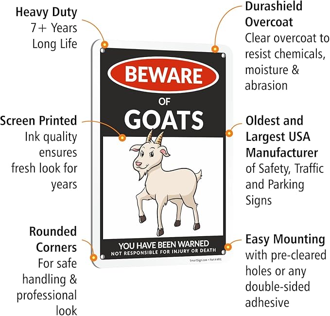 SmartSign Funny Beware Of Goats Warning Sign - 10"x7", 40 mil Laminated Rust-free Aluminum - Metal Signs for Wall Decor, Outdoors, Patio, Gifts, Cafe - Goats Theme, Made in USA