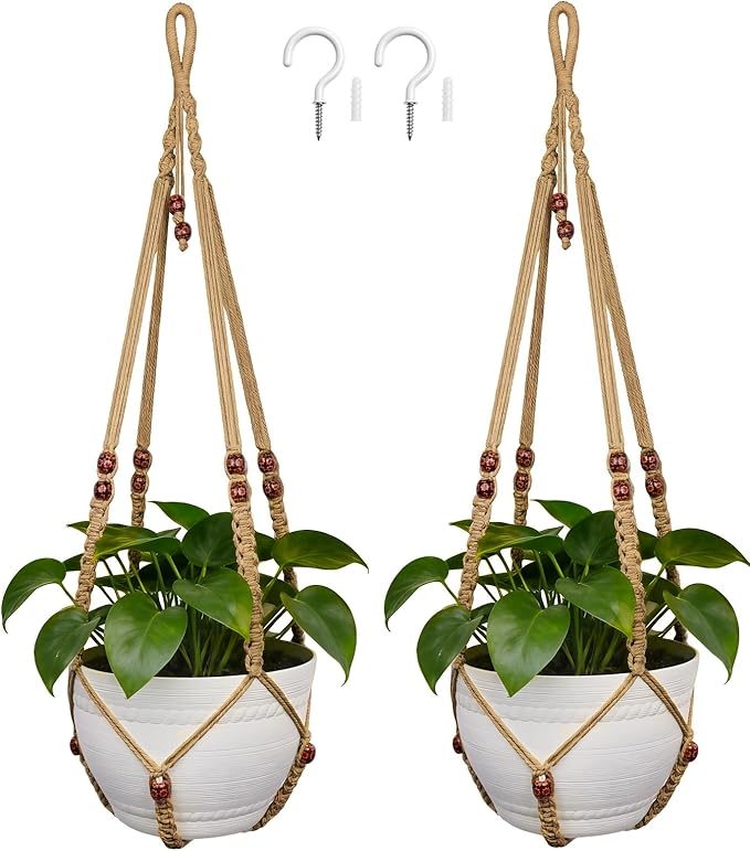 HOREAKHJ 35 Inch Macrame Plant Hanger, Large for up to 15 Inch Pot Extra Long Hanging Planter Holder Basket with Wood Beads for Indoor Outdoor Home Decor (Brown, 2-Pack)
