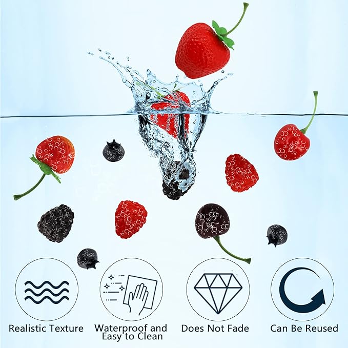 52 PCS Artificial Fake Fruit, Includes Fake Strawberries Fake Blueberries Fake Raspberries Fake Cherries, Reusable Waterproof Plastic Cake Dessert Party Home Kitchen Decoration, Photography Props