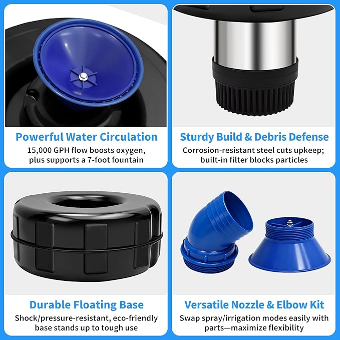 15000 GPH Pond Fountain Aerator,750W(1HP) Floating Fountain with Stainless Steel Body,Automatic Pond Pump with Timer&100FT Power Cord&2 Adapters&Ropes Pond Aerators for Outdoor Ponds&Lakes