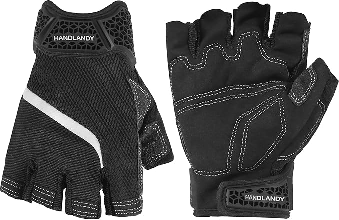 HANDLANDY Fingerless Work Gloves for Men, Half Finger Working Glove Grip Shock-Absorbing Breathable Uwrist TPR Anti-collision Gloves for Mens & Women (Black, L)