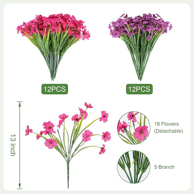 Stymedeca Artificial Flowers for Outdoor Faux Plants for Spring Summer Decoration, UV Resistant Realistic Silk Plastic Fake Flowers Garden Porch Patio Balcony Yard Front Home Decor, 24 Bundles