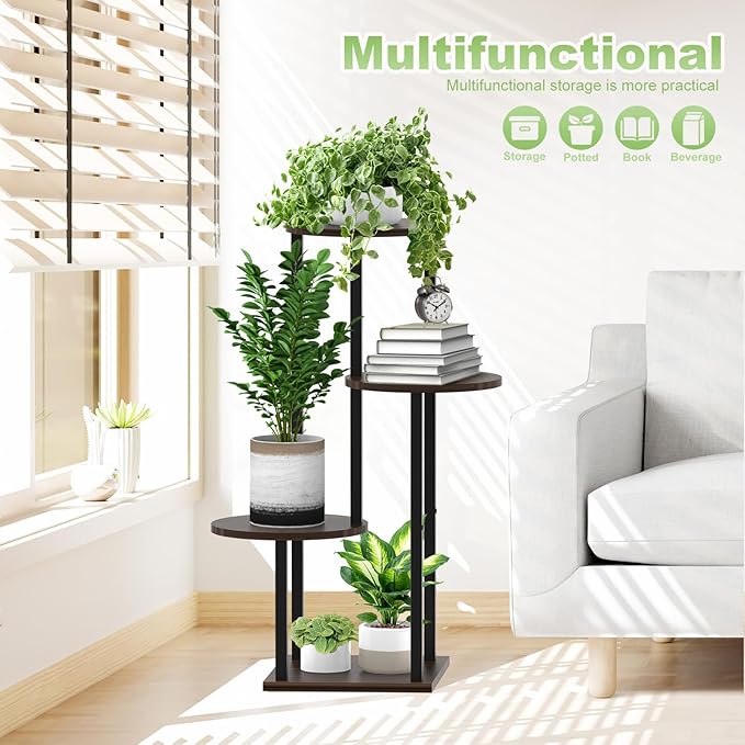 YOCOMEY Plant Stand Indoor, 4 Tier Thickened Metal Corner Plant Shelf for Multiple Plants, Indoor Plants Tiered Flower Pot Stand for Patio Garden Balcony Living Room Bedroom(Black Oak)
