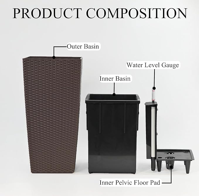 Vigo huseeo 30in Tall Planter, Self Watering Pots for Indoor/Outdoor Plants with Drain Holes, Water Level Monitor, Inner Bucket for Front Porch Patio, Brown Large(1 Set)