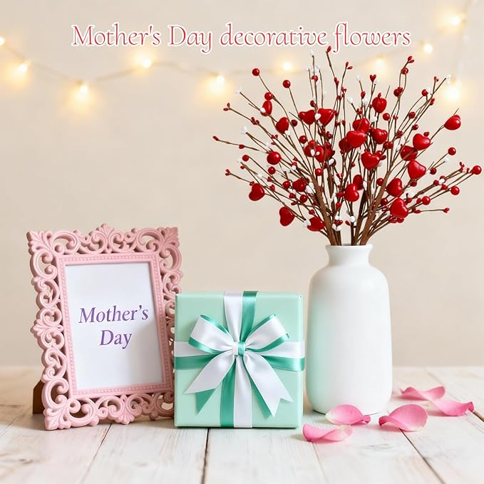 4Pcs Artificial Mother's Day Decorations Red Heart Berry Stems Heart Shaped Berry Gifts Flowers for Wedding Anniversary Party Supplies Decor