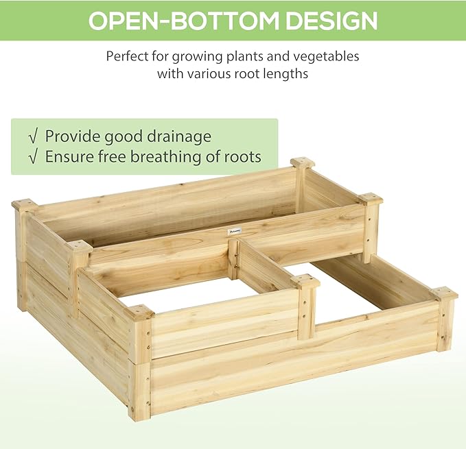 Outsunny 3 Tier Raised Garden Bed, Outdoor Planter Box, Wooden Garden Box with Open Bottom for Growing Vegetables, Herbs, Flowers, 42.5" x 34.75" x 14.25", Natural