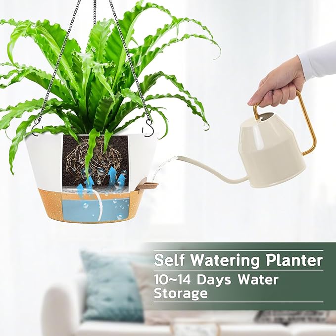 ZMTECH 12 Inch Hanging Planters for Indoor, 2 Pack Large Hanging Plant Pot with Visible Water Level and Chain, Self Watering Hanging Flower Pot for Outdoor Garden Porch(White)