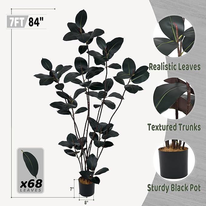 Artificial Rubber Tree 7FT with 68 Glossy Leaves & 10 Heads & Black Pot Cover with Coconut Fiber Realistic Tall Large Faux Tropical Ficus Elastica Plant 84 Inch for Indoor Home Modern Decor