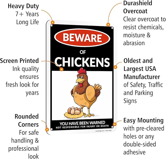 SmartSign Beware of Chickens You Have Been Warned Funny Animal Sign - 10" x 7", 40 mil Laminated Rustproof Aluminum Metal, For Gift, Yard, Cafe, Room