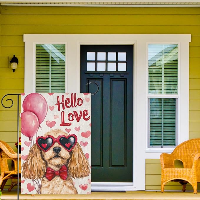 Valentine's Day Cocker Spaniel Hello Love Garden Flag, House Yard Plaid Love Heart Outside Decoration, Spring Holiday Wedding Anniversary Outdoor Small Decor 12x18(12643)