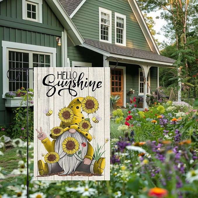 Welcome Sunshine Garden Flag 12x18 Inch Double Sided Small Burlap Gnome Sunflower Garland Summer Garden Flags Decor Home Yard Lawn Holiday Outdoor Flags Decorations