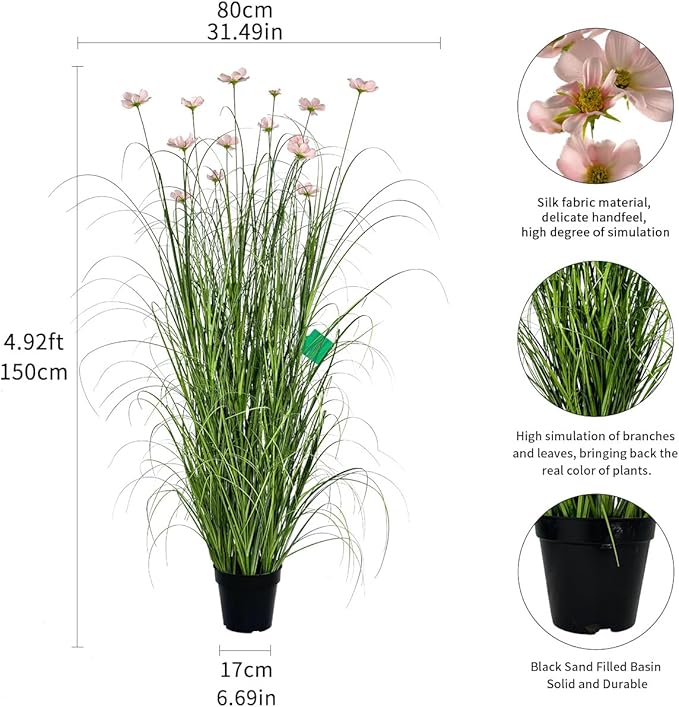 59 Inch Artificial Tall Grass with Pink Cosmos Flowers, Fake Floor Plants, Faux Grass Plants, Indoor and Outdoor Home Decoration(2pack, 5ft)