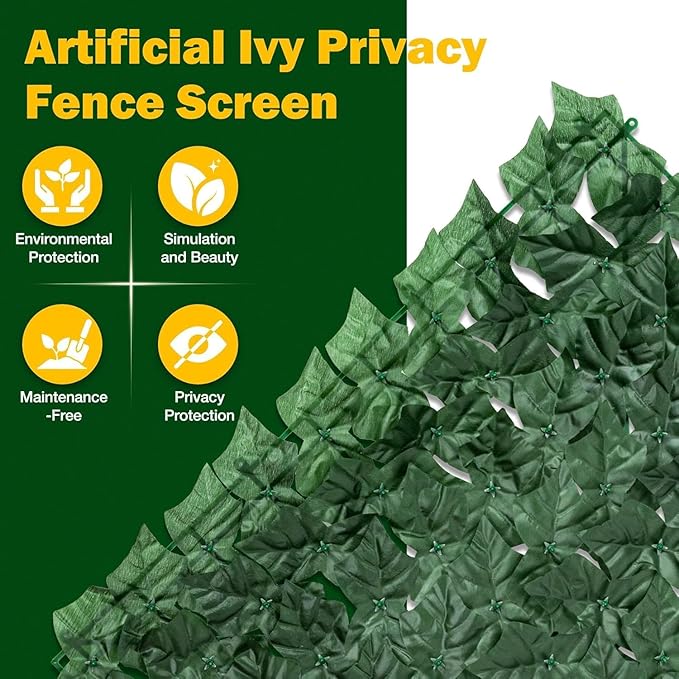 QIAOKAIYAN Artificial Ivy Privacy Fence Screen - 140''(L) x 60''(W) Greenery Wall Panels for Outdoor Fence, Balcony, Patio or Garden Decor, Dense Green Backdrop Panel, Faux Grass Panels with Zip Ties