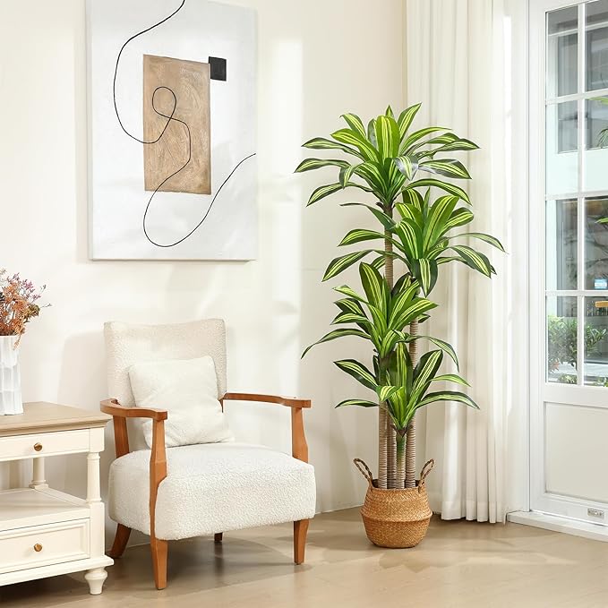 Ferrgoal Artificial Plants, 6 Ft Dracaena Tree Faux Plants Indoor Outdoor Decor Fake Tree with Woven Seagrass Basket Plants for Home Decor Office Living Room Porch Patio Housewarming