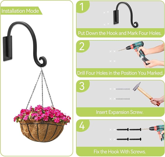 Lifyzoon Heavy Duty Plant Hanger Bracket (8"/Black) Outdoor Hand-Forged Hanging Plant Bracket Durable and Stable Bird Feeder Hanger