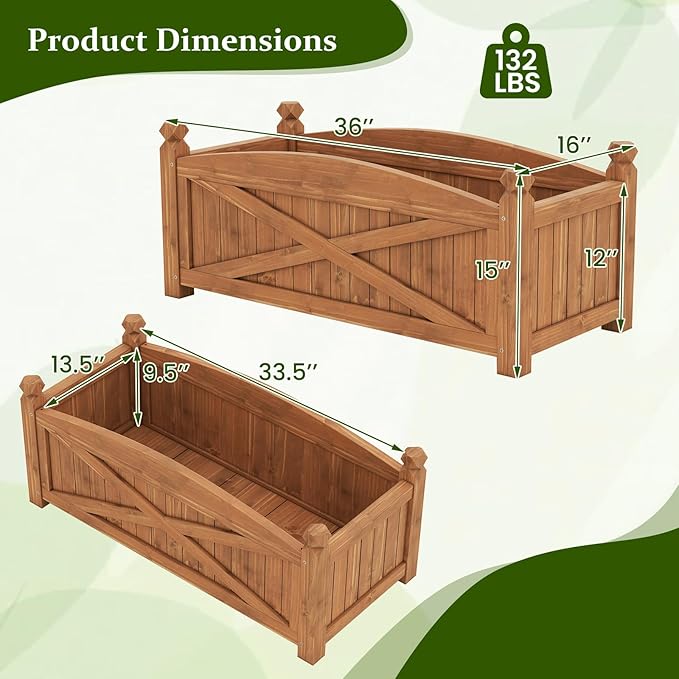 HAPPYGRILL Wooden Raised Garden Bed, 2 Solid Wood Gardening Plant Container w/Drainage Holes for Flower Vegetable Fruit, Outdoor Elevated Planter Box for Patio Garden Yard Balcony (36”x 16”x 15”)