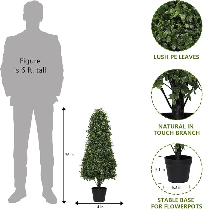 Azoco 3ft Artificial Boxwood Topiary Trees (Set of 2) - UV Resistant Faux Plants Outdoor, Realistic 36" Fake Cone Bushes and Shrubs for Front Porch, Planter, Patio - Low Maintenance & Evergreen