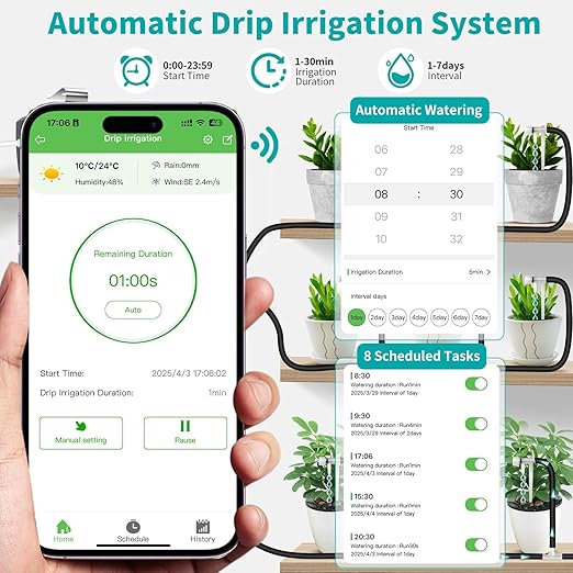 Drip Irrigation Kit System for Garden, WiFi & App Control Self Plant Watering Devices for Indoor Outdoor, Automatic Watering System with 3 Watering Modes/Water Shortage Alert/Weather Forecasting