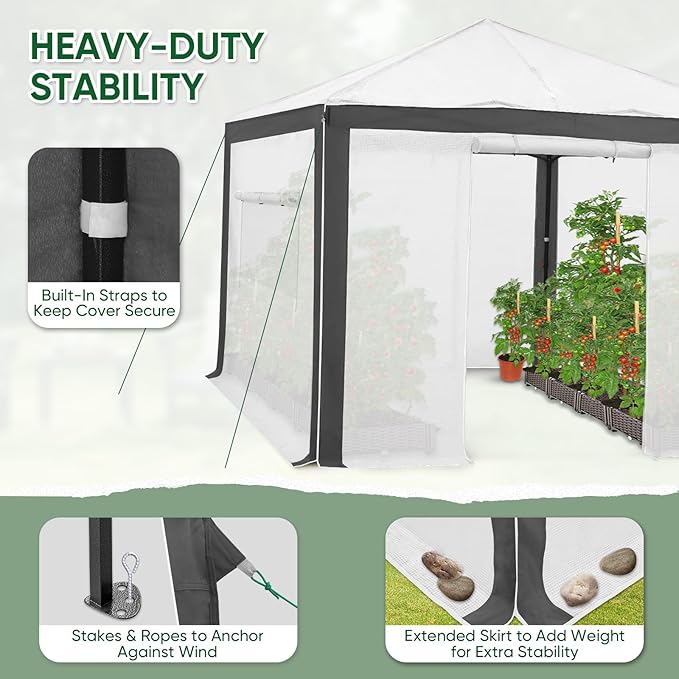 EAGLE PEAK Replacement Cover for 10x10 Pop up Greenhouse with Polyester Reinforced Corners, Front and Rear Roll-Up Zipper Entry Doors and 2 Large Roll-Up Side Windows (Frame Not Included), Gray/White
