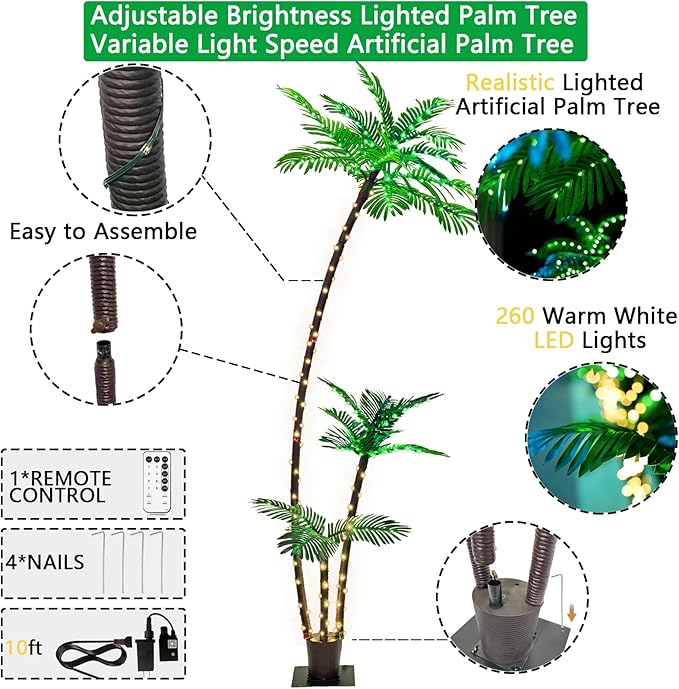 SOSHOT 7FT Lighted Artificial Palm Tree with Three Trunks and Upgraded 260 LED Lights - Outdoor/Indoor Use, Perfect for Tiki Bars, Patios, Homes, Offices, Beaches, Yards Pool and Cruise Party