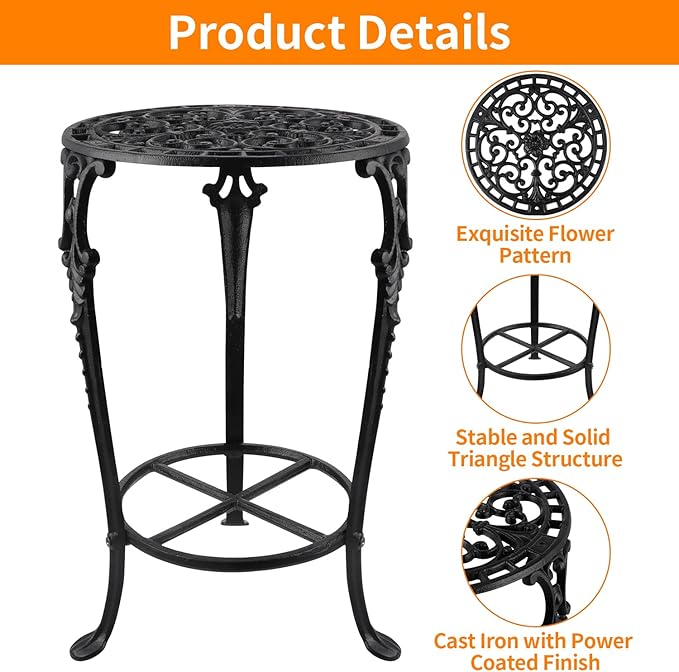 Fardtry Vintage Cast Iron Plant Stand, 18.8" Tall Flower Pot Holder, 2 Tiered Potted Planter Rack for Living Room, Bedroom, Kitchen, Porch (Black)