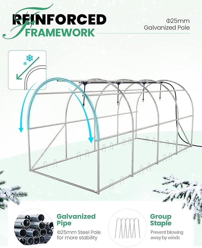 KING BIRD Premium 15x6.6x6.6FT Greenhouse for Outdoors, Large Walk-in Heavy Duty Galvanized Steel Frame, Mesh Door Screen Window Tunnel Hoop Garden Plant Winter Hot House, with Watering Kits, White