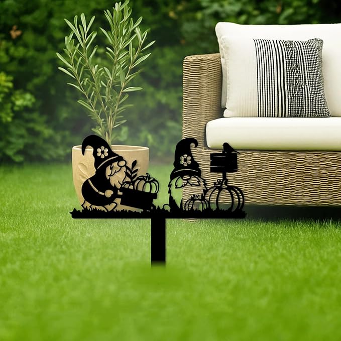 Magilab Personalized Iron Yard Stake - Christmas Cute Gnome Dwarves Decor, 8-Inch Black Metal Garden Sign for Outdoor (Style C)