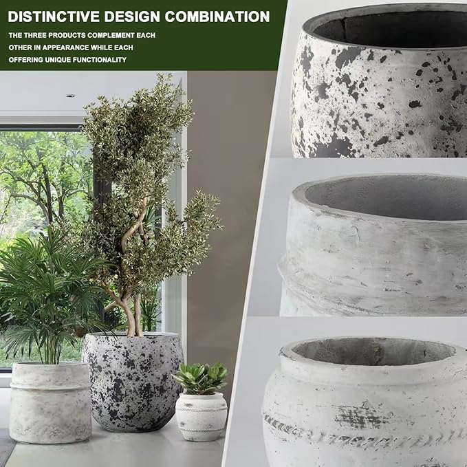 ShangDemonMaster Craft flowerpots 18"+13"+9" Dia Round Concrete Planter Set of 3 Large Outdoor/Indoor Planter Pots Containers with Drainage Holes and Rubber Plug for Home Garden (White, Large)