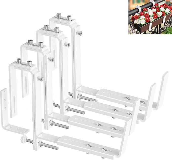 Y&M Adjustable Window Box Brackets for Planter Box, Heavy Duty Wall Mounted Hooks Hangers for Flower Baskets Holder Durable, Hanging Brackets for Fence Patio Garden Balcony(4 Packs)
