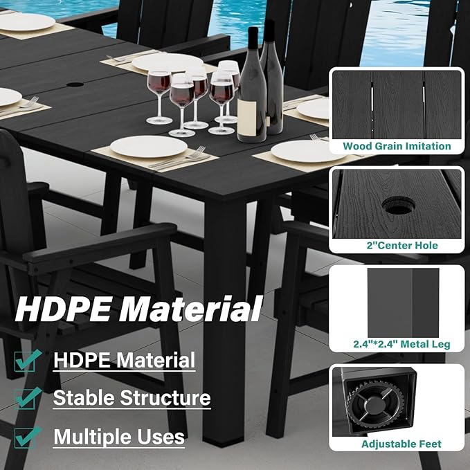 9-Piece Patio Dining Set, Outdoor Dining Set for 8, Large HDPE All-Weather Outdoor Furniture with 89.57” Umbrella Hole Table, 8 Armchairs, Black