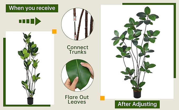 Artificial Green Rubber Tree 7FT with 68 Glossy Leaves & 10 Heads & Black Pot Lifelike Tall Large Faux Tropical Ficus Elastica Plant 84 Inch for Indoor Home Office Store Corner Modern Decor