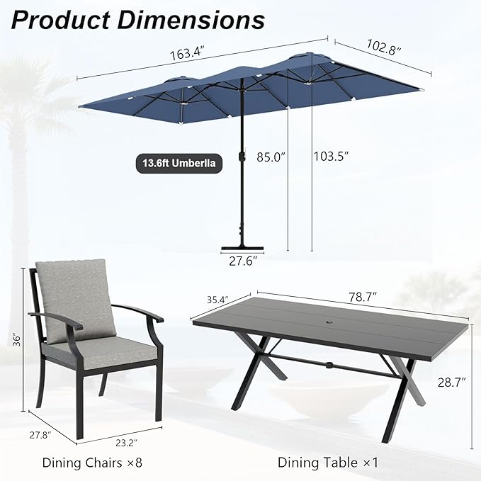 10-Pieces Patio Conversation Set,Metal Outdoor Furniture Set Includes 13.6FT Navy Umbrella,Hole Cut-Out 78.7" x 35.4" Table and 8 Metal Backrest Chairs for Backyard,Garden,Grey