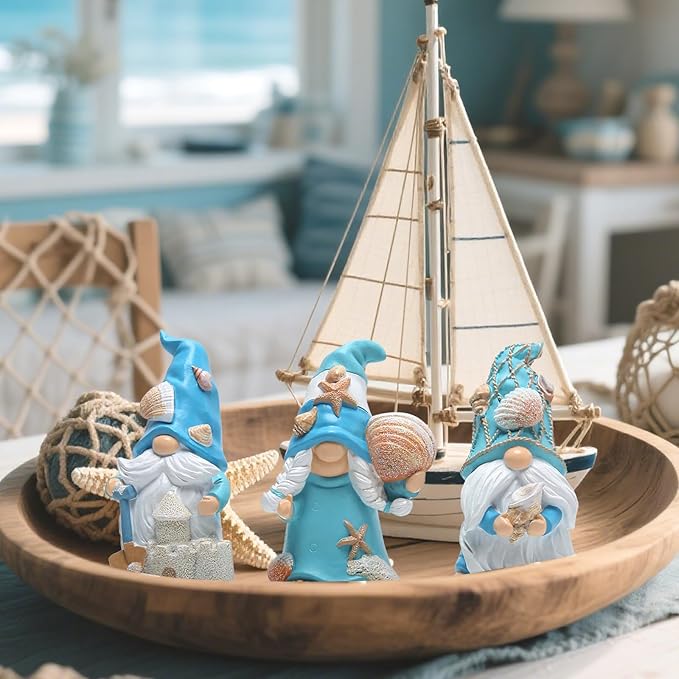 Hodao 3PCS Summer Gnomes Decoration Handmade Star Shell Gnomes Figurines for Home, Beach House Decor, Nisse Scandinavian, Summer Elves Decor for Table, Shelf, Living Room