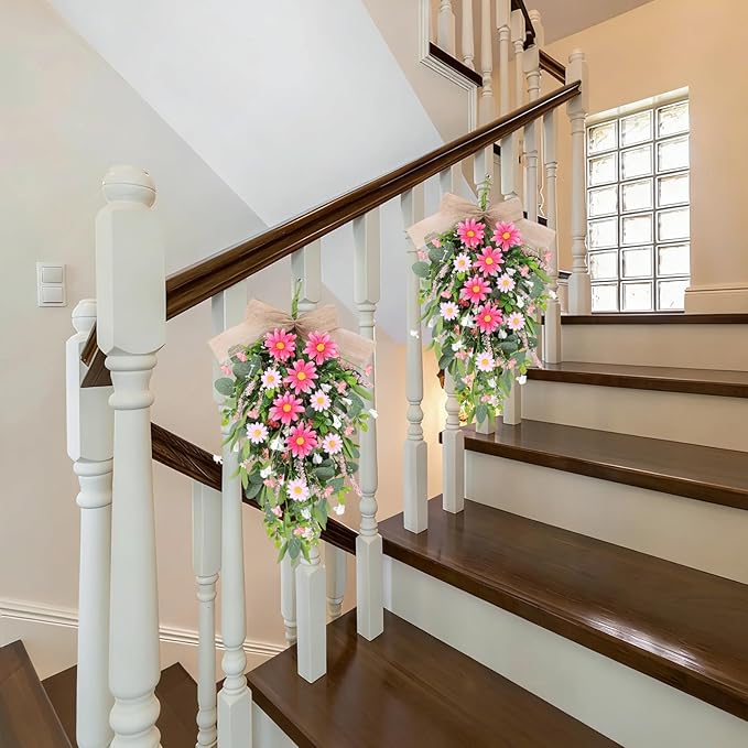 2 PCS Spring Pink Flower Teardrop Swags Silk Artificial Floral Swag Wreath for Front Door Wildflower Daisy Hanging Swags with Lavender Green Leaves for Wedding Farmhouse Home Outdoor Window Wall Decor