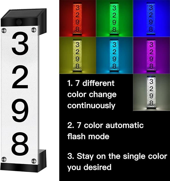 Solar House Numbers for Outside,LED Illuminated Outdoor Solar Address Sign, Acrylics Solar Address Sign with Iron Stakes,Lighted Modern Address Plaque Solar Powered for Street Yard Home（2PCS）