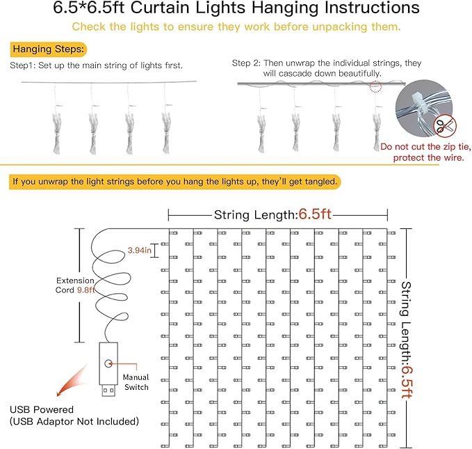 suddus Curtain Lights for Bedroom, 200 Led Hanging String Light Outdoor, Fairy Curtain Lights Indoor for Christmas, Dorm, Wall, Backdrop, Window, Wedding, Party, Birthday Decor, Warm White