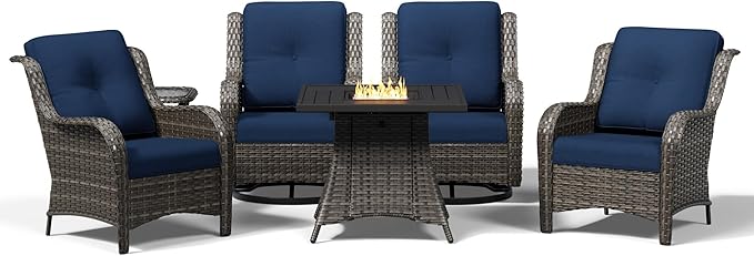 Joyside 6 Piece Wicker Patio Furniture Set with Fire Pit Table, Rattan Patio Chairs with High Back, Deep Seating, Wide Armrest, Thickened Cushions, Outdoor Furniture for Deck, Porch Use