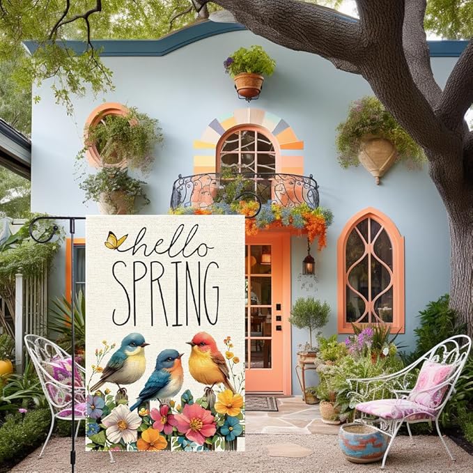 Hello Spring Cardinal Garden Flag 12x18 inch Double Sided Burlap Small Butterfly Seasonal Wildflowers Rustic Farmhouse Yard Lawn Outdoor Holiday Home Flags Decorations