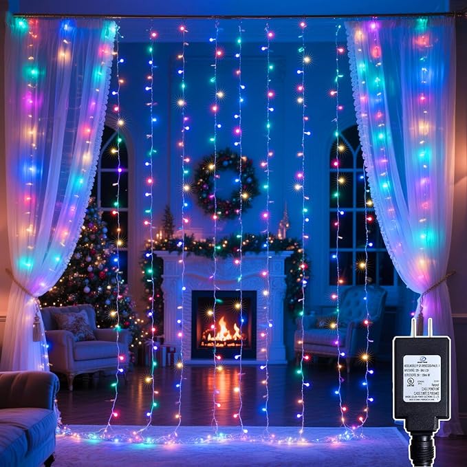 200 LED Rainbow Curtain String Lights 9.8 * 6.6FT Plug in Fairy with Timer and 8 Modes, Waterproof Window Wall Lights for Bedroom Wedding Party Indoor Outdoor Christmas Decor