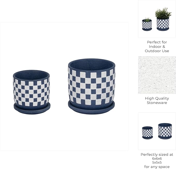 Ceramic Planters Set – Planters with Drainage for Healthy Roots, Indoor Planter and Patio Decor Placement, Checkered Design Accent for Modern Outdoor Home Decor – 6" and 5", Blue and White