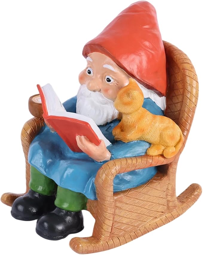 Garden Gnome Statue – Resin Gnome Figurine Reading Book Sculpture with Cat, Hand-Painted Outdoor Decoration for Patio, Lawn, Yard, or Porch, Whimsical Garden Ornament Gift