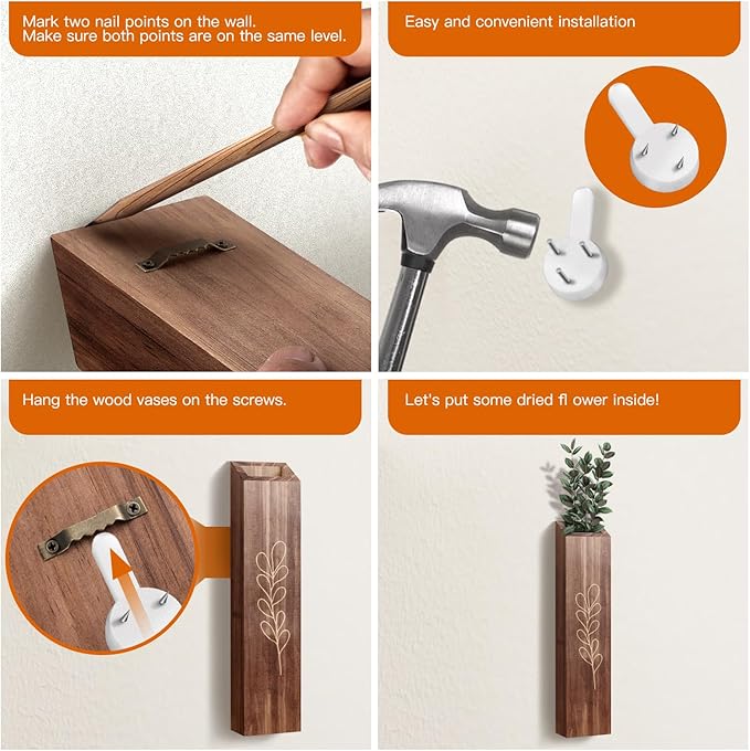 4 Pack Wood Indoor Wall Planter, Modern Boho Wall Decor for Living Room Bedroom, Farmhouse Pocket Vases for Dried Flowers and Faux Greenery Plants - Brown